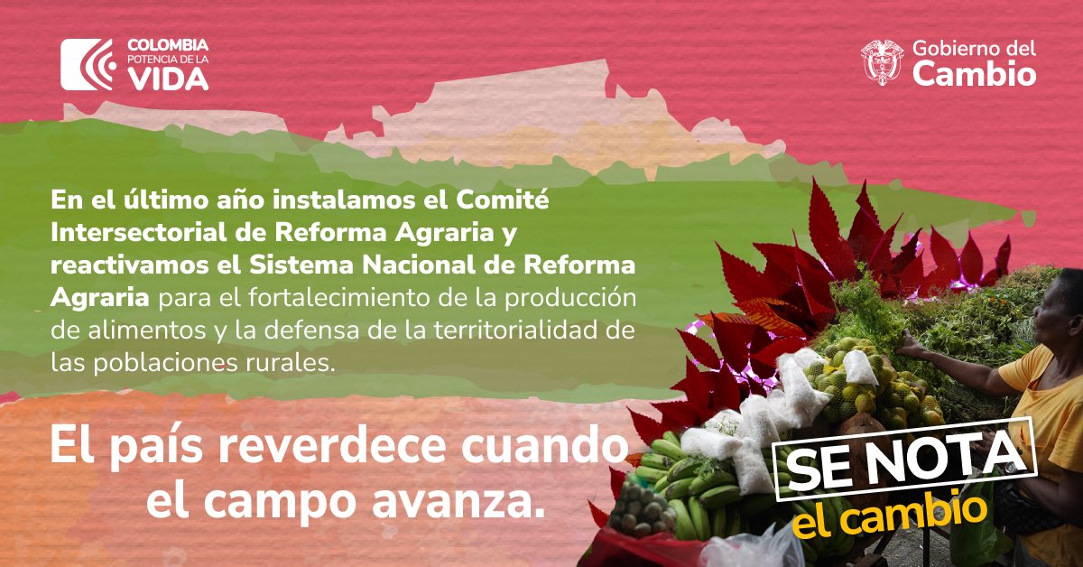 #SeNotaElCambio🫰🏾a través de una #ReformaAgraria 🌾justa con las organizaciones campesinas, las comunidades étnicas y los movimientos rurales.👩🏿‍🌾👨🏾‍🌾 Provomemos junto a ellos la agricultura asociativa 🫱🏽‍🫲🏾para encontrar en el campo la solución al hambre en el país. 🇨🇴