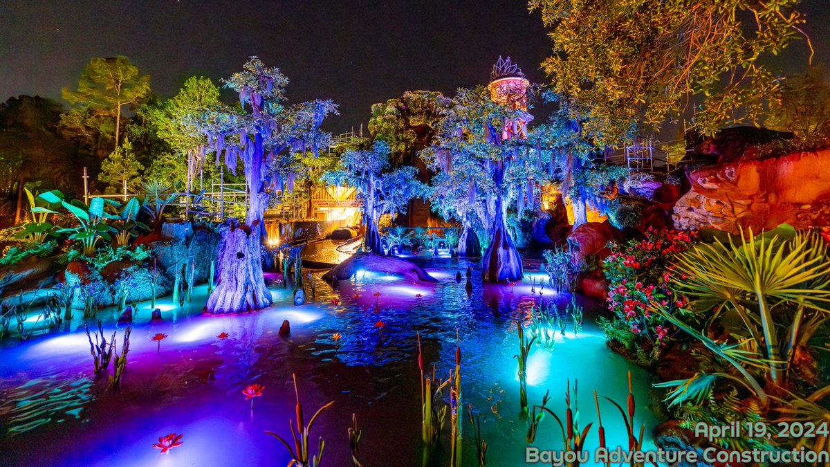 WDWDreamfinder's tweet image. Bayou Adventure construction (Apr. 19 2024) - Photo credit: BlogMickey. Test &amp;amp; Adjust of the nighttime lighting package continues.