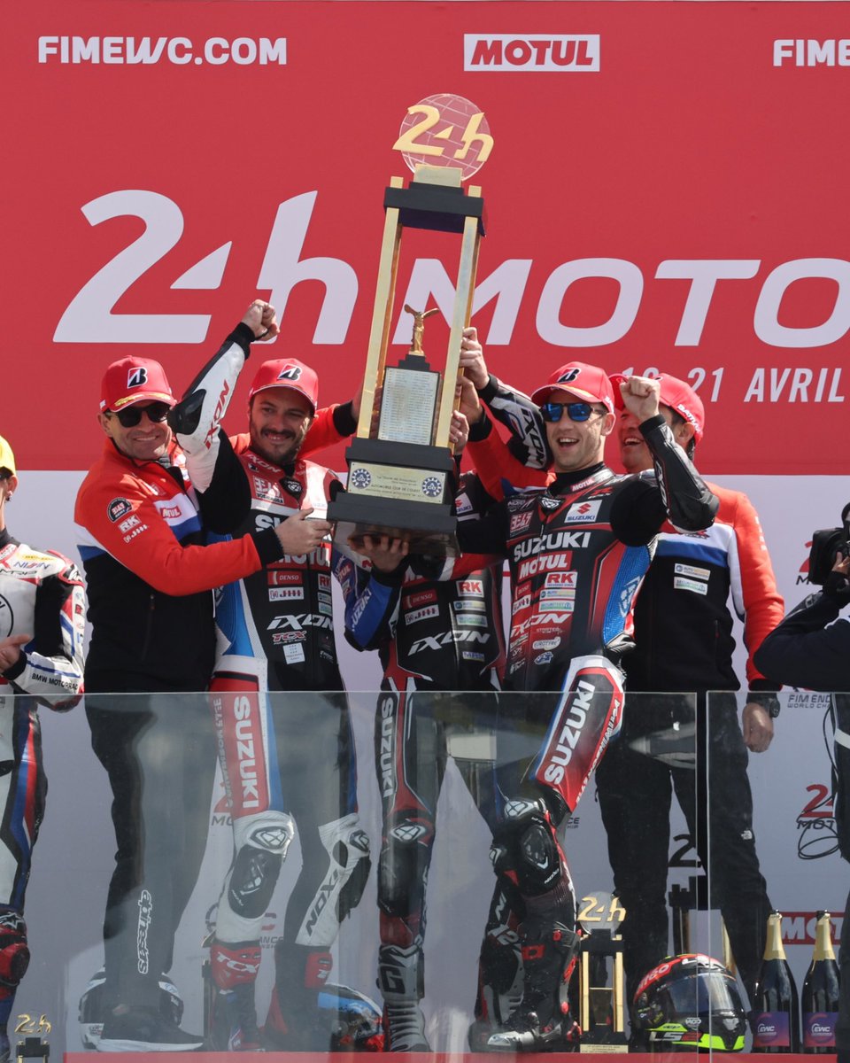 Back where it belongs … After 24 hours, 857 laps of the 4.185k Bugatti Circuit, 27 pit stops, amazing work from the crew, the whole team and @greggblack, @etiennemass, @danlinfoot and a record breaking 15th win for Suzuki, the magnificent 24 Heures Motos trophy is ‘coming home’!