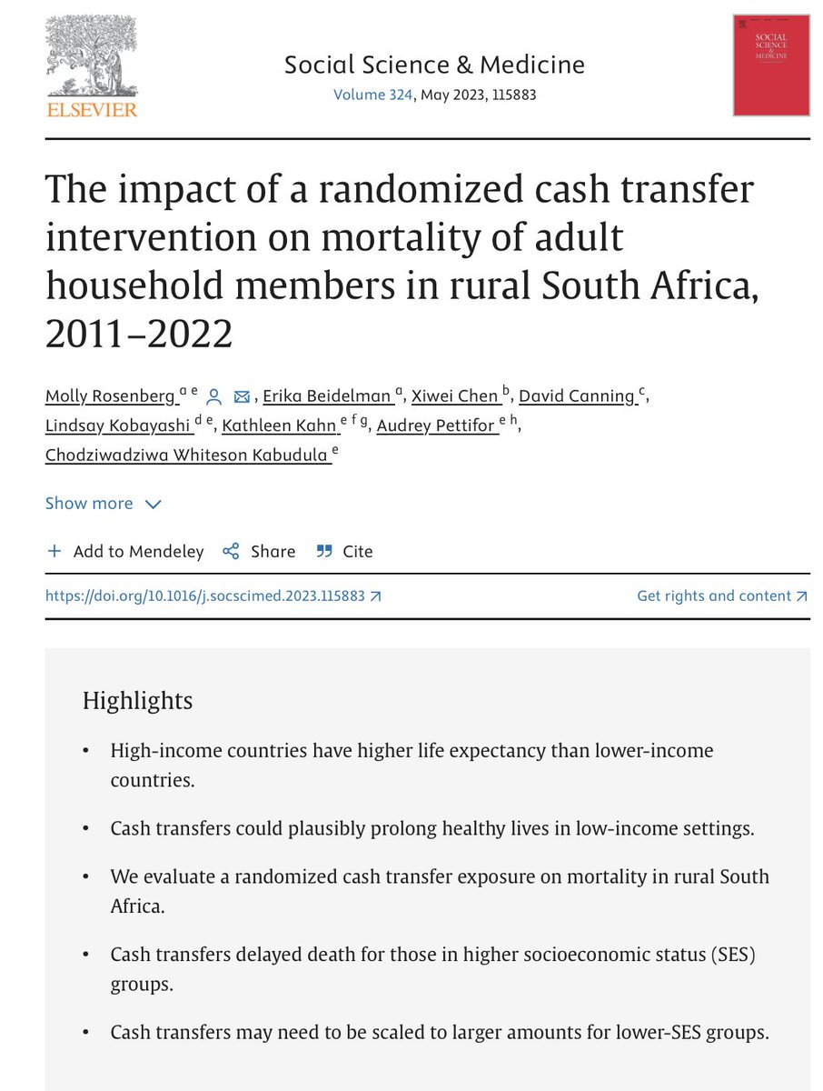 10+ years 10+ years on: #CashTransfers in 🇿🇦 ⬇️ mortality in sub-groups of adult household members. + call for more structured research on longevity & healthy aging. In @socscimed by @mollysrosenberg @davidcanning6 @UNCpublichealth & co sciencedirect.com/science/articl…