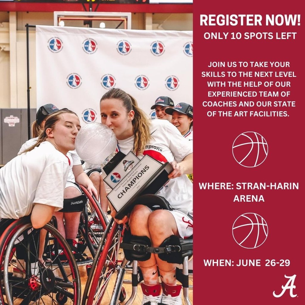 🔟 SPOTS LEFT! Make sure to register for The University of Alabama’s annual Wheelchair Basketball Summer Camp! 📆 June 26-29 🔗 Registration link: bamaadapted.com/sports/2022/1/… #RollTide | #AlabamaAdaptedAthletics