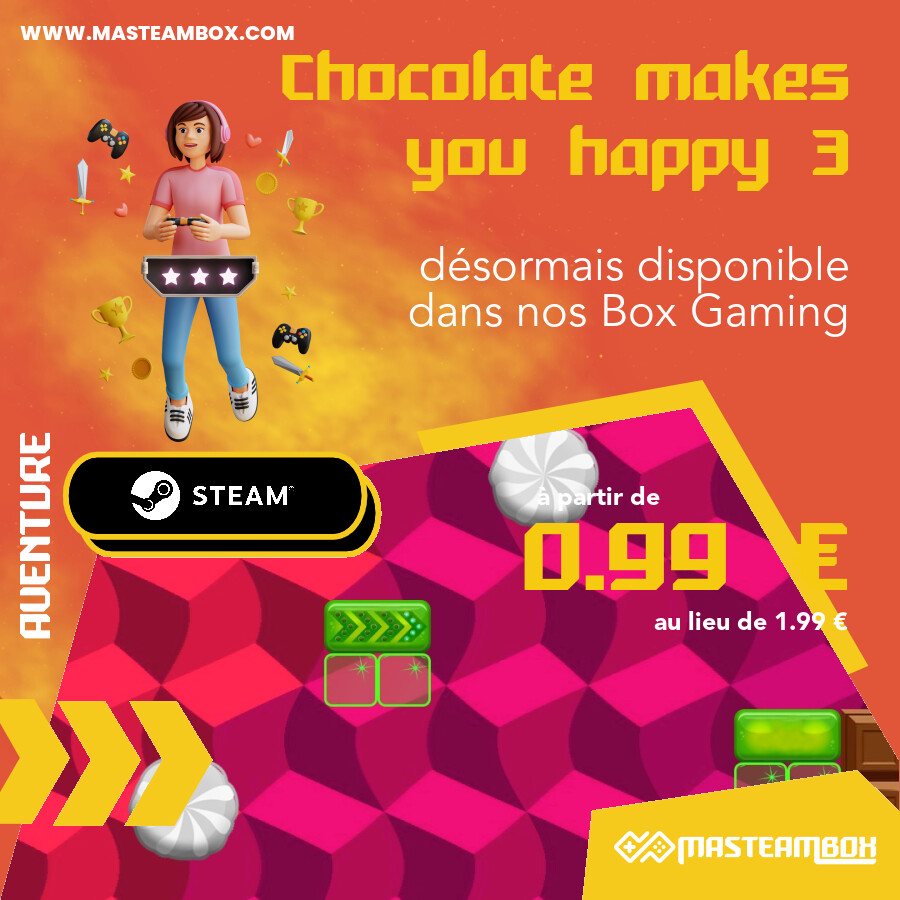 MaSteamBox's tweet photo. 🎮 - Le jeu 'Chocolate makes you happy 3' est disponible dans nos #SteamBox https://t.co/PqhdTQLPCs à partir de 0.99 € 📦.
 •••••
 🔥 Découvrir le jeu : https://t.co/XgdHtDBdx8
 🛒 Commander : https://t.co/XoYq7yEATU
 •••••
 
 #MaSteamBox #jeu… https://t.co/0BEUXkdFXy https://t.co/7VaDxJ2Hcc