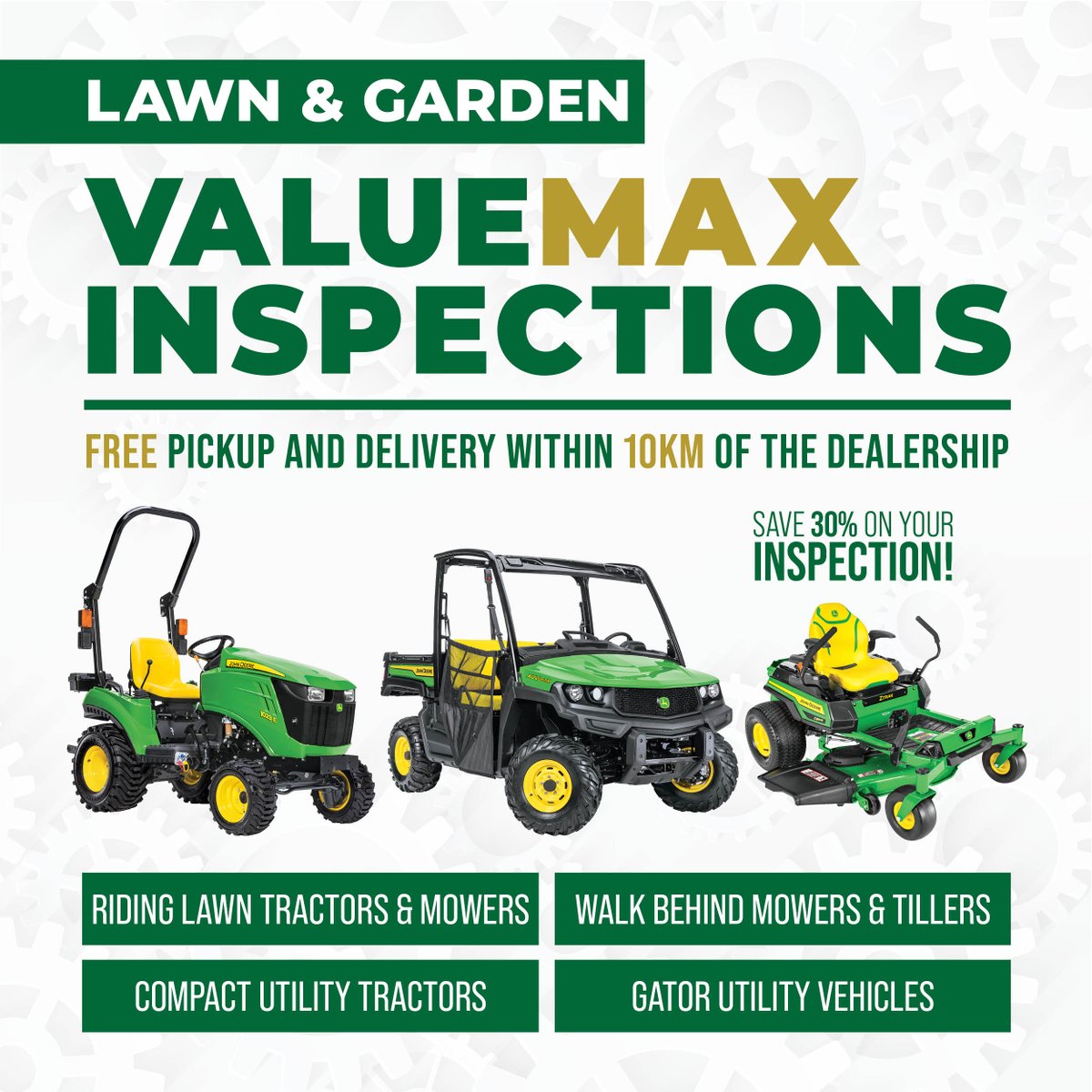Free Pick Up and Delivery within 10KM of the dealership! Save 30% on your Lawn & Garden ValueMax Inspection! Book Today: ow.ly/bqaM50R8IMP #PattisonAg