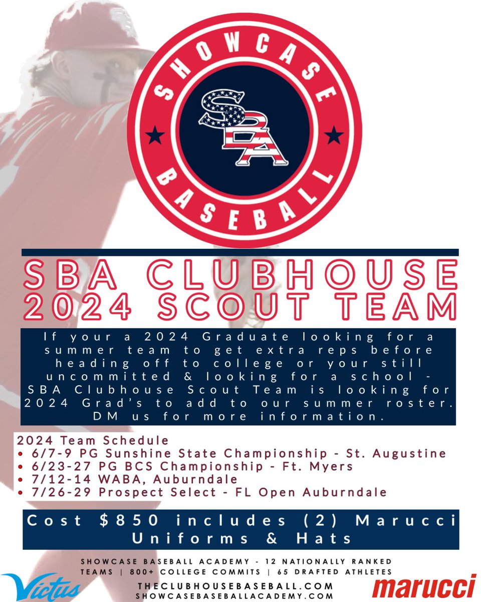 If your a 2024 Graduate looking for a summer team to get extra reps before heading off to college or your still uncommitted & looking for a school - SBA Clubhouse Scout Team is looking for 2024 Grad’s to add to our summer roster. DM or Email us for more information.