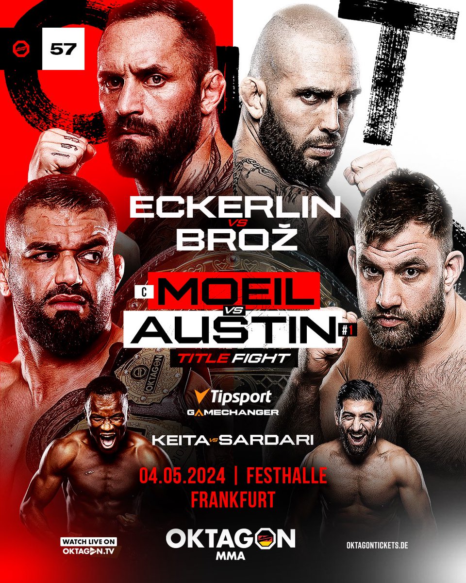 OKTAGON MMA are back in less than 2️⃣ weeks for an absolutely STACKED card in Frankfurt, Germany. 🏆 Moeil vs. Austin 🏆 👑 Eckerlin vs. Brož ⚡️ 💰 Keita vs. Sardari 💰 🥋 Glismann vs. Siwiec 🇵🇱 ➕ Sanikidze, Langer, Doussis, Shaaban and more! OKTAGON 57 is already SOLD OUT!