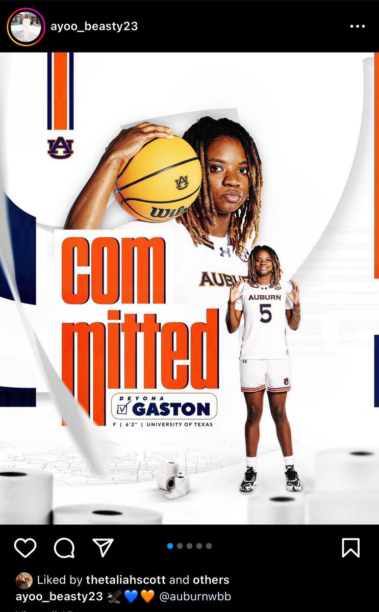 Former Texas forward DeYona Gaston has committed to Auburn WBB, per her Instagram. Avg. 8.4 points and 4.2 rebounds per game for the Longhorns last season and was named the Big 12 Sixth Player of the Year. Johnnie Harris keeps building the roster. 📈