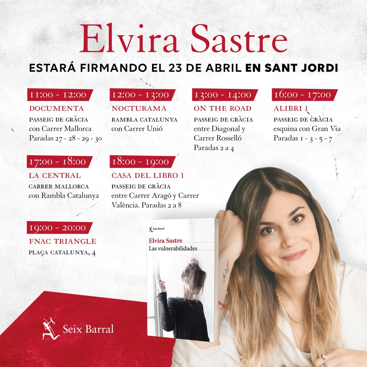 ¿Qué hacéis el martes? Yo firmar libros ❤️ Nos vemos en #SantJordi. Aquí todos mis horarios. 📚