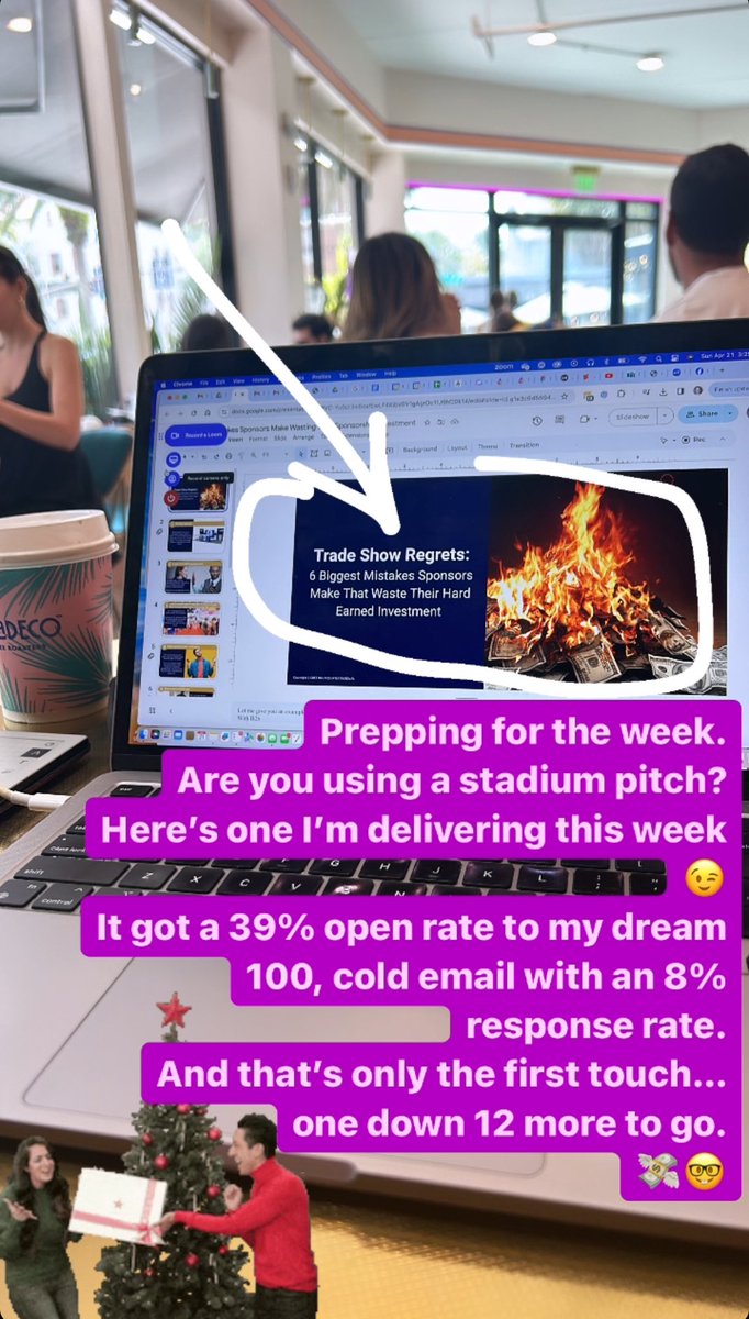 amandaholmes's tweet photo. Prepping for the week.
Used this Stadium Pitch below to get a 39% open rate from my Dream 100 list of cold emails.
8% response rate from my first touch.
12 more to go… 😉
#UltimateSalesMachine https://t.co/xwUjo0hjI8