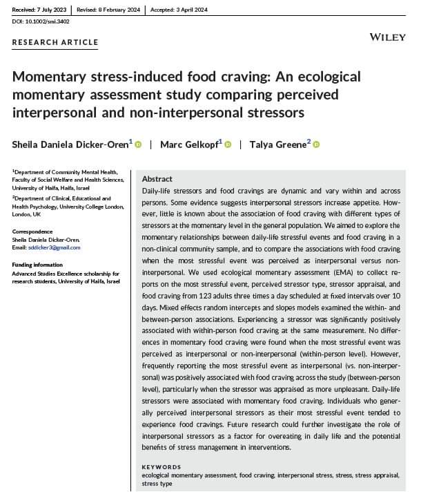 SDaniela_DO's tweet image. Back on Twitter to share my latest publication w/@Talyagreene &amp;amp; Marc Gelkpof! It shows how interpersonal &amp;amp; non-interpersonal stressful events relate to food craving in daily life. Learn more: doi.org/10.1002/smi.34…
#Stress #FoodCraving
Maybe it&apos;s time to be more active here😅