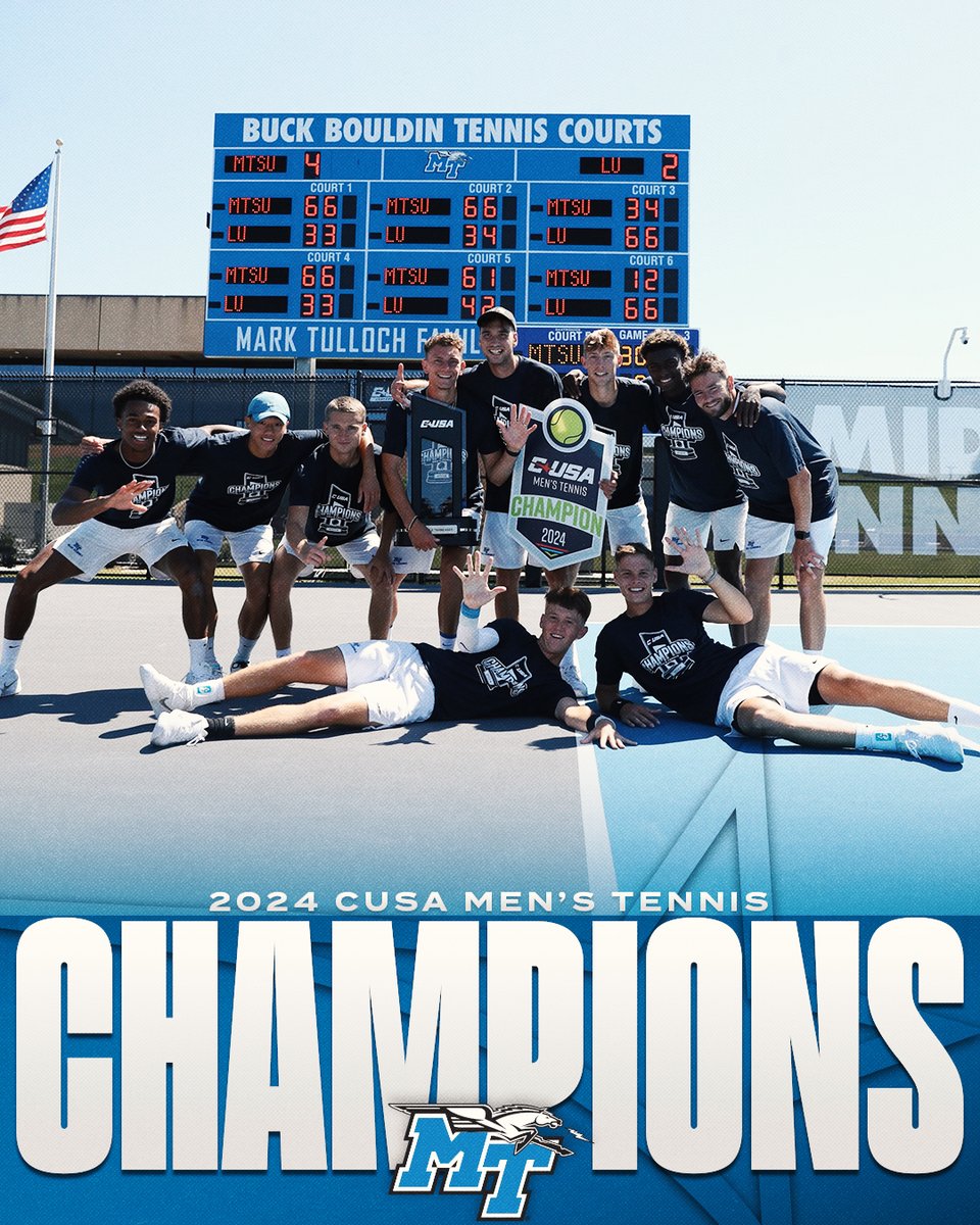 ConferenceUSA's tweet photo. 🖐️-PEAT

Your 2024 Conference USA Men's Tennis Champions.

🏆 @MT_MensTennis 🏆

#NoLimitsOnUs https://t.co/J0PozaZZNs