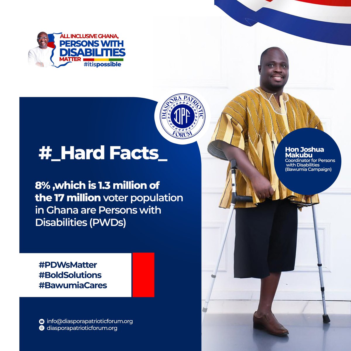 #HardFacts!
8% ,which is 1.3 million of the 17 million voter population in Ghana are Persons with Disabilities (PWDs)

#PDWsMatter
#BoldSolutions
#BawumiaCares