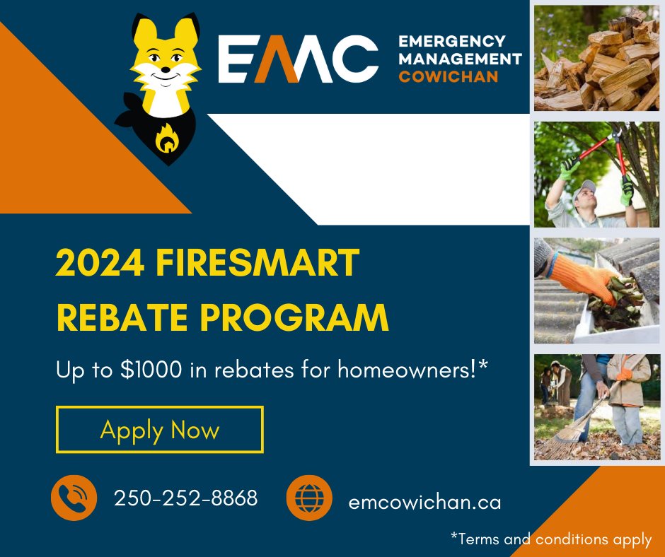 Sign up for a free FireSmart Home Assessment and apply for up to $1000 in rebates for property improvements.* 

Contact us for more information.

*Terms and conditions apply

#EMCowichan #FireSmart #EmergencyPreparedness #CVRD