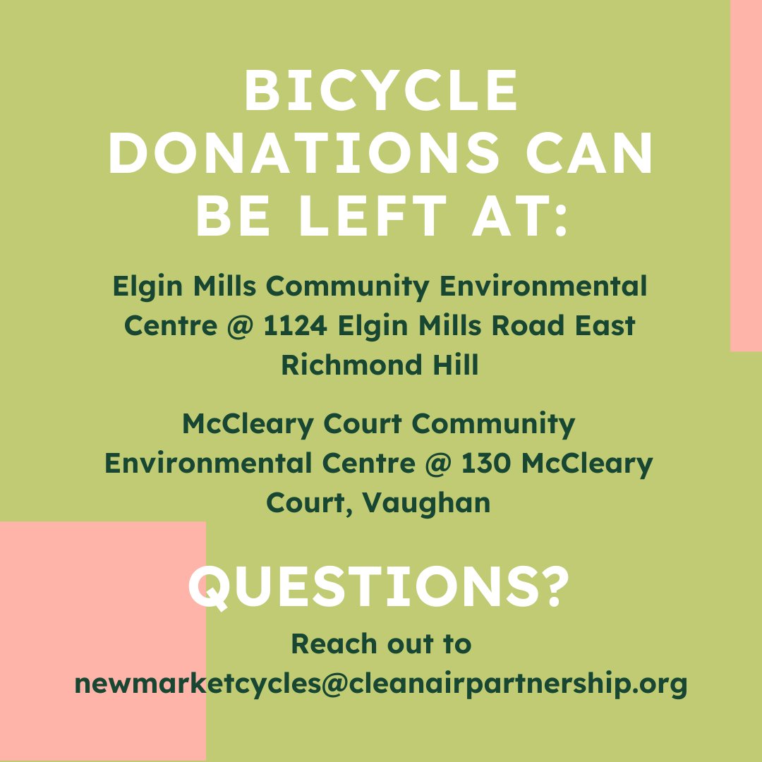 Bicycles in any condition can be left at Elgin Mills Community Environmental Centre in or McCleary Court Community Environmental Centre. They will be used for our upcoming Recycle to Ride program, in partnership with York Region! Visit york.ca/wastedepots for location info.♻️