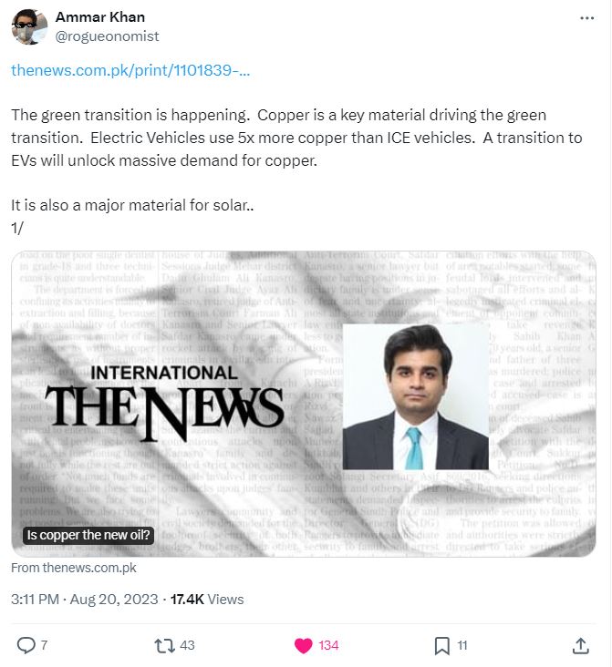 'Is copper the new oil?' by <a href="/rogueonomist/">Ammar Khan</a> (Ammar Habib Khan) is essential reading for govt of 🇵🇰 including Finance Minister

for $1 Billion, we'd give Saudi a stake in Reko Diq that can generate minimum of $76 billion of scarce copper, critical in the green transition