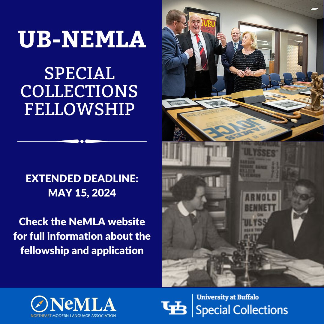 Application deadline for the NeMLA-UB Special Collections Fellowship has been extended to 5/15. Fellows will receive a stipend of up to $1,200 for a one-month visiting term. Check the following link for more info: buffalo.edu/nemla/awards/u…
