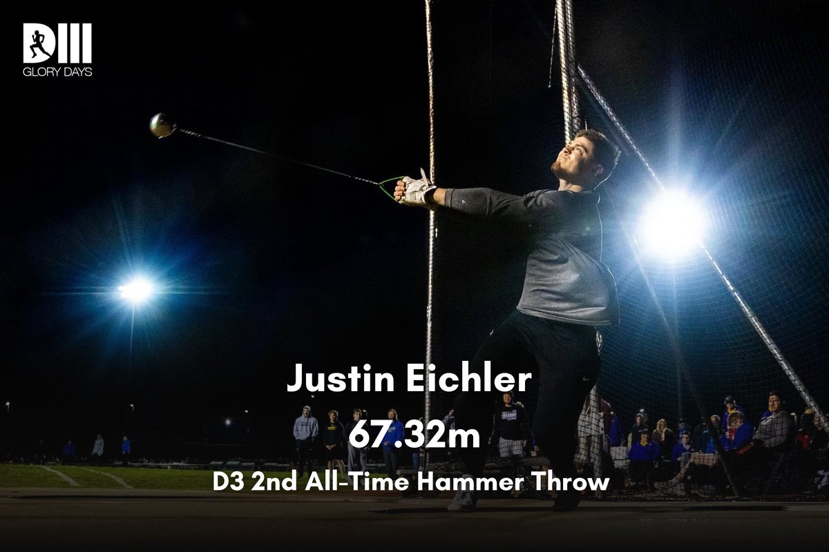 Let it rip! Justin Eichler of UW-Platteville let the hammer fly this weekend as he moved to 2nd All-Time. He PRd by 4 feet 8 inches at the Meet of Champions hosted by Augustana. The 5x All-American currently has a 12ft lead on the nation. 📸: @UWPlattTrackXC