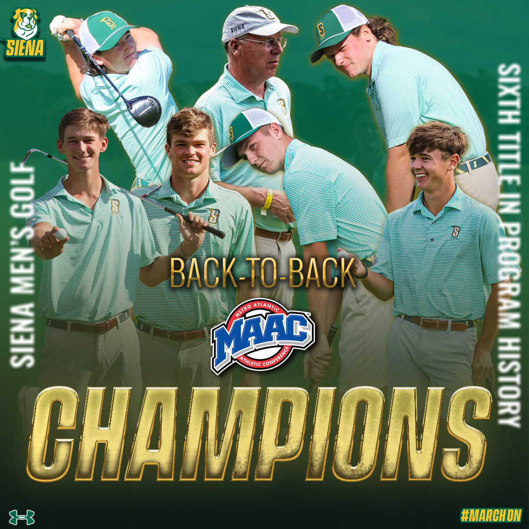 Siena_Golf's tweet photo. BACK-TO-BACK 💍
 
The Saints are your 2⃣0⃣2⃣4⃣ #MAACGolf CHAMPIONS ‼️

The 6⃣th title in program history marks the first #SienaSaints repeat conference champion in 1⃣2⃣ years 😤 

Onto the NCAA Men's Golf Regionals for the second straight season! 

#MarchOn x #NCAAGolf https://t.co/1Xwbs6pxOo