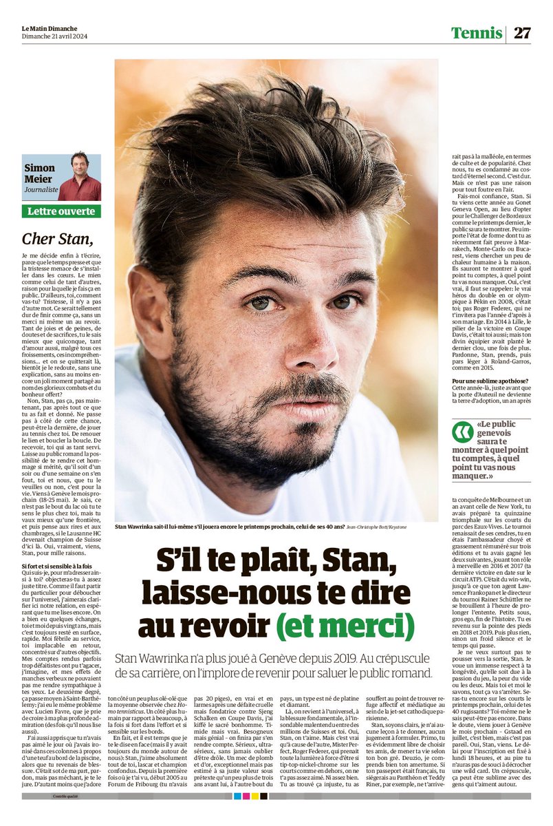 Sublime article  de mon confrère et ami Simon Meier qui rend hommage à Stan! #amustread <a href="/lematindimanche/">Le Matin Dimanche</a> <a href="/stanwawrinka/">Stanislas Wawrinka</a>