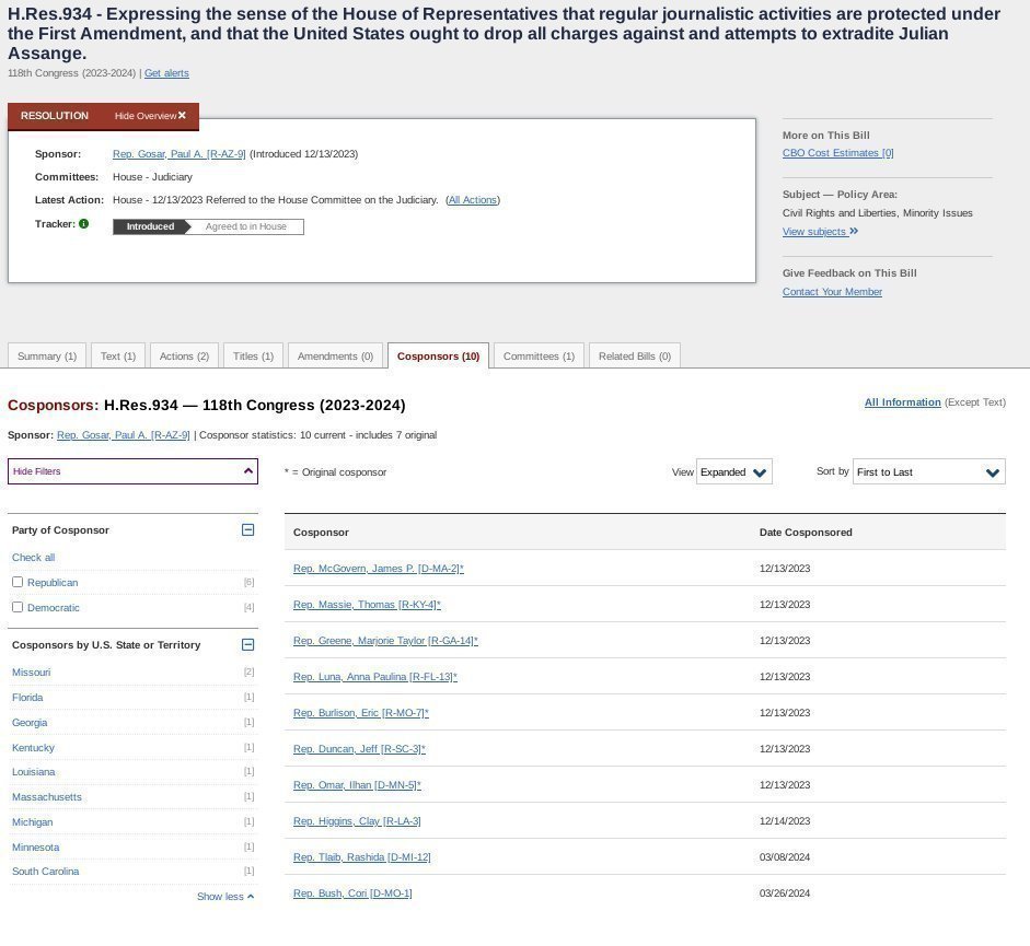 Contact your representatives and urge them to sign Res. 934: 'Regular journalistic activities are protected under the First Amendment, and that the United States ought to drop all charges against and attempts to extradite Julian Assange' #FreeAssangeNOW congress.gov/bill/118th-con…