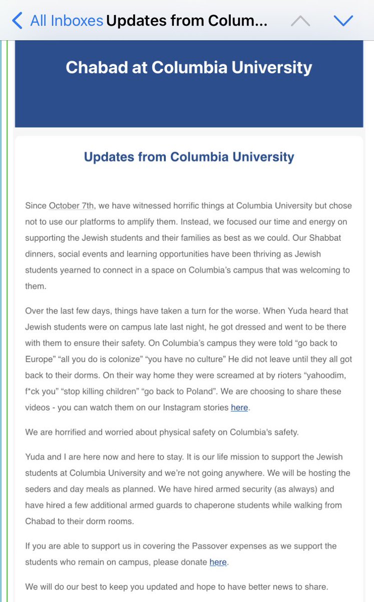 Columbia Chabad has just sent out this e-mail detailing rhetoric directed at Jewish students on campus last night. This is not “protest”. This is vile. @Columbia must do more to protect Jewish students from this.