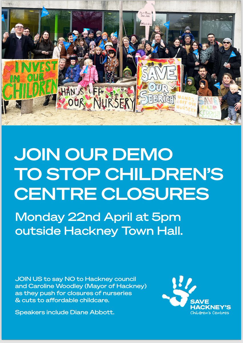 Save_Fernbank's tweet photo. 📣REMINDER IT’S OUR FINAL DEMO TOMORROW (MONDAY) FROM 5PM, OUTSIDE #HACKNEY TOWN HALL! Please join us with your children to make some noise &amp; #SaveOurChildrensCentres! Speakers include @HackneyAbbott! Don’t forget to complete consultation before 24th April https://t.co/jBjn7cLAYg https://t.co/tVazpVgKev