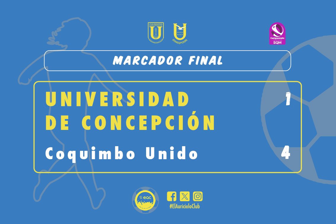 FINAL

#FemeninoSQM 2024 - Fecha 6

#UDECONCEPCION 1️⃣-4️⃣ Coquimbo U.

Gol UdeC:
⚽Isidora S. (48')

😓🙄🥲

#FutbolFemeninoUdeC #FFUdeC ⚽🟡🔵
#LasDelForo #LosDelForo
#ElAuricieloClub