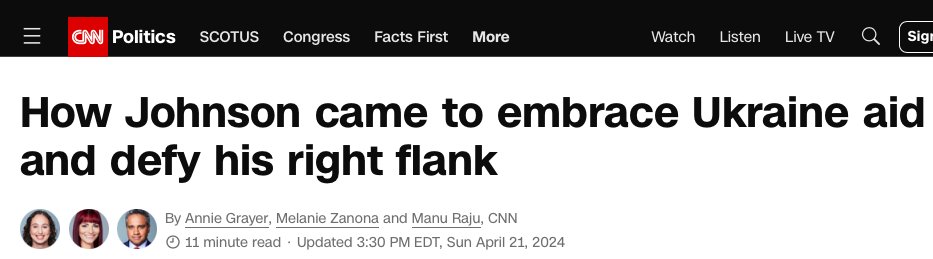 The HEADING of this ARTICLE ... is way more *reasonable* than the LUNATIC heading of yesterday ... likening late-to-the-party @SpeakerJohnson to the INESTIMABLE #WinstonChurchill who NO-one had to drag kicking+screaming to making ANY #HardChoiceInWarTime.
cnn.com/2024/04/21/pol…