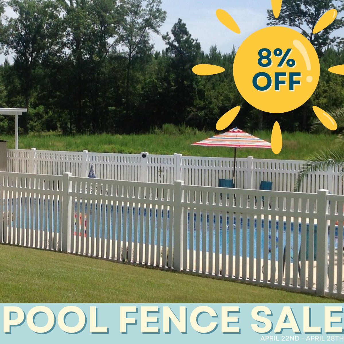 Get ready to make a splash because #NationalPoolOpeningDay is almost here! 

 To celebrate, all vinyl pool fences are 8% off until April 28th! 
Don't miss out on this great deal to upgrade your pool area and ensure safety for your loved ones. 

ow.ly/1VUI50RitWx