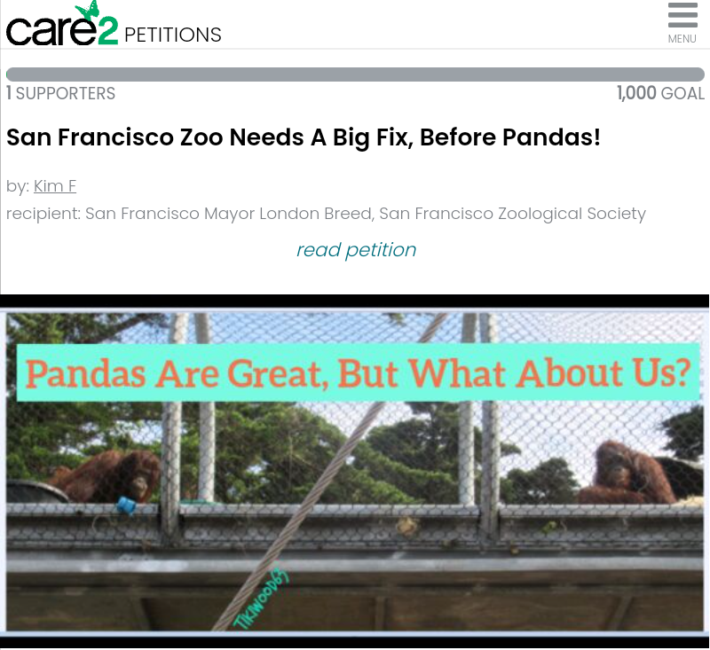 San Francisco Zoo Needs a Big Fix, Before Pandas! Please sign & share my Petition to Help Save Our Zoo!  It needs Animal enclosure upgrades and new management before Pandas get here. ...
thepetitionsite.com/takeaction/934…  ... #SanFranciscoZooPandas #SFZoo #GiantPandas #Zoos #AnimalWelfare
