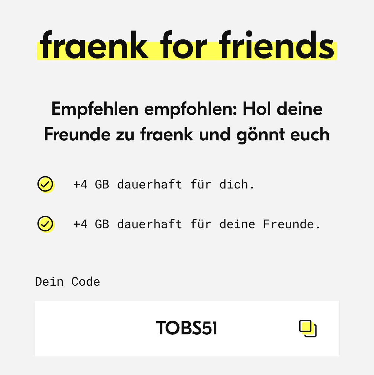 iT0bi82's tweet photo. Empfehlen empfohlen! Mit meinem Code bekommst du +4 GB mehr pro Monat bei fraenk. Hol dir die App und entdecke wie Mobilfunk von morgen funktioniert: TOBS51 #fraenkforfriends #fraenk https://t.co/ZCvbEmPK4z
