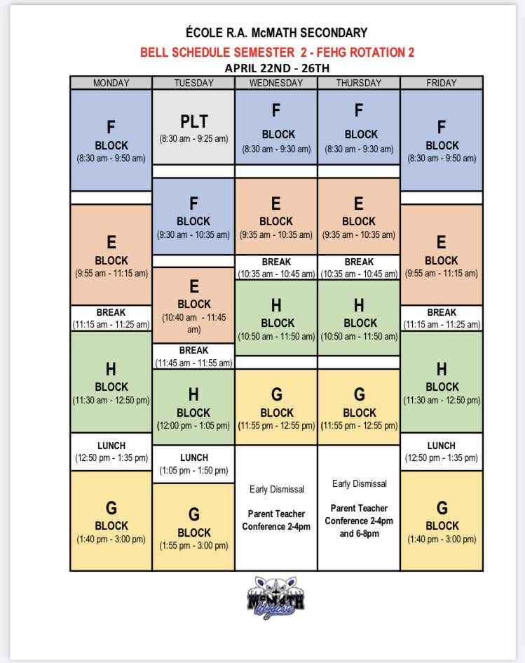 Wildcats, check out the WAAG for April 22-26th.
Reminder new block rotation starts Monday, now F-E-H-G. mcmath.sd38.bc.ca
#bellschedule
#BlockRotation
#PLT
#EarlyDismissal
#ParentTeacherConferences
#wildcats
#McMathPRIDE