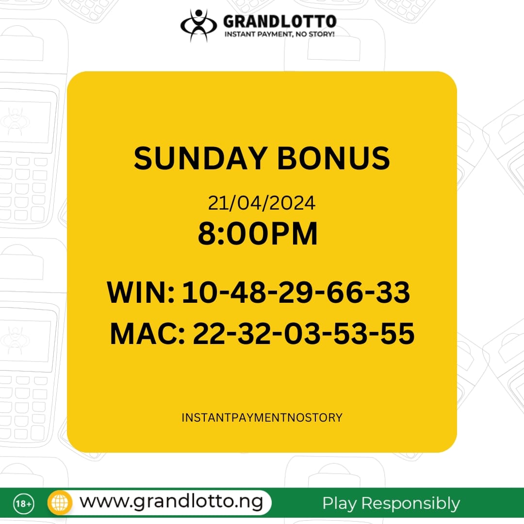 SUNDAY BONUS

grandlotto.ng

#Instantpayment #nostory #Grandlotto #lotto #Lottonigeria #indoorgames #playandwin #playanywhere #winningsanywhere #cashout #chooseyellowterminal