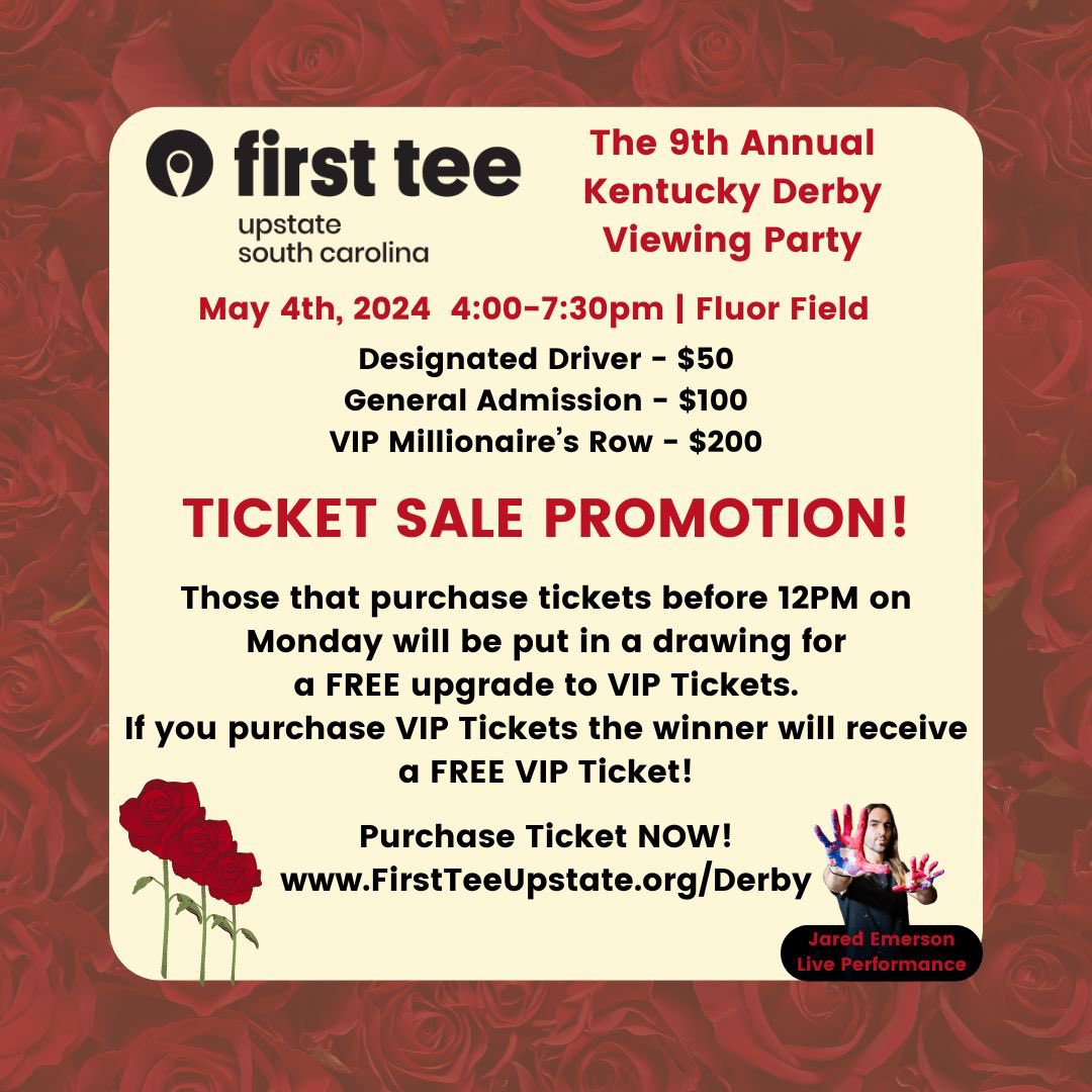 First Tee — Upstate (@firstteeupstate) on Twitter photo Those that buy their <a href="/KentuckyDerby/">Kentucky Derby</a> Viewing Party Tickets before Monday at 12pm could upgrade their General Admission ticket to VIP or VIP Tickets will receive another VIP ticket! 2024Derby.GiveSmart.com
#BuildingGameChangers Those that buy their <a href="/KentuckyDerby/">Kentucky Derby</a> Viewing Party Tickets before Monday at 12pm could upgrade their General Admission ticket to VIP or VIP Tickets will receive another VIP ticket! 2024Derby.GiveSmart.com
#BuildingGameChangers
