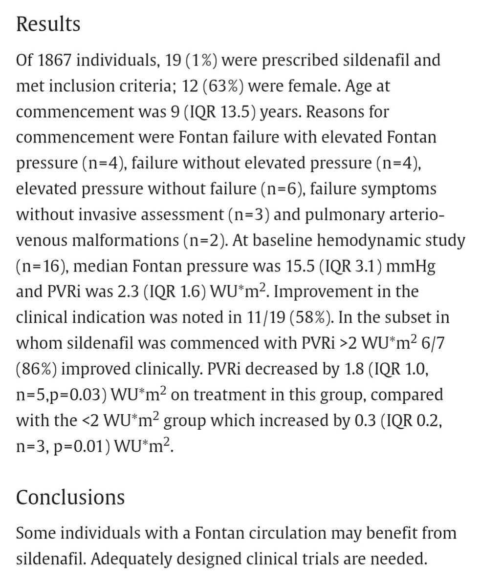 Small study looking at #sildenafil in #Fontan patients. Decreases PVRi in those with PVRi > 2.2 indexed WU. 
 
#pedscards #pedsicu #icu #criticalcare #peds #cardiology #cardiogy #MedTwitter 

sciencedirect.com/science/articl…