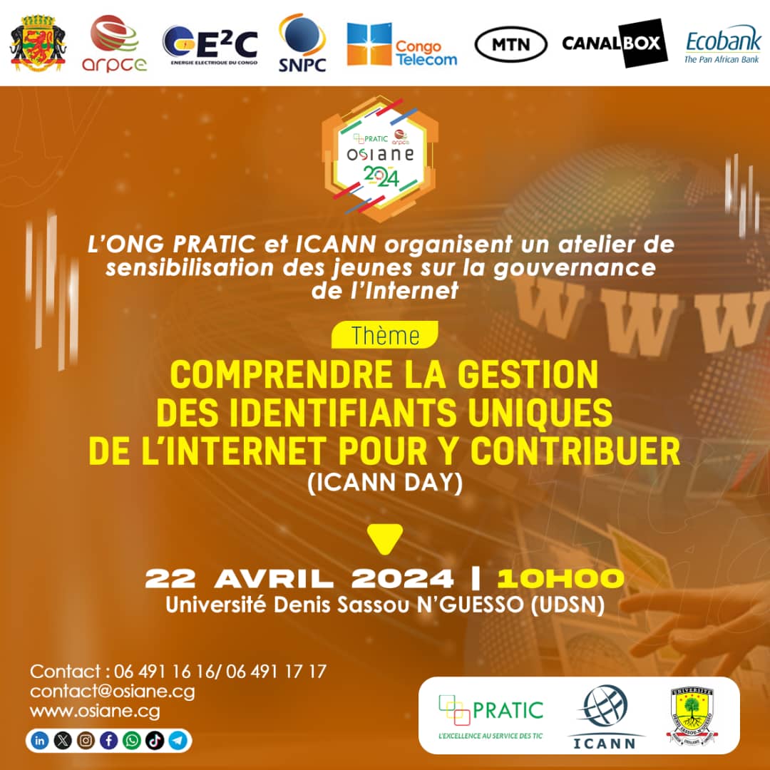OsianeCg's tweet photo. Après la minute culturelle, nous vous donnons rendez-vous ce 22 avril à l'Université Denis Sassou N'guesso pour notre 1er atelier, organisée par Pratic en collaboration avec l'ICANN, sous le thème: comprendre la gestion des identifiants uniques de l'internet pour y contribuer. https://t.co/6PHalbJfAb