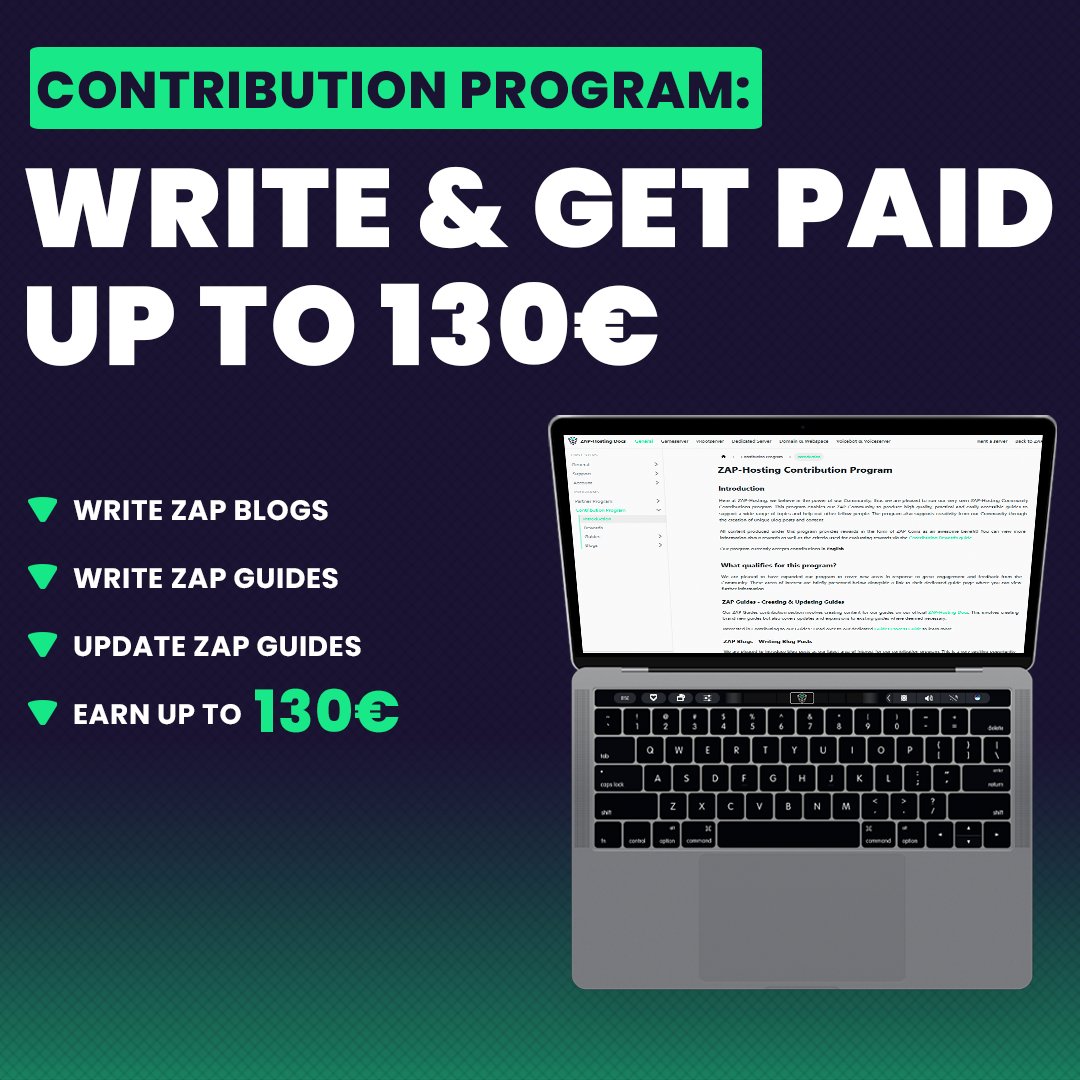 📝💰 Write and earn up to €130! 💰📝 Share your knowledge and experience by writing blogs and guides, and get paid directly to your PayPal account! That's right - No more ZAP Coins! 💸 Are you ready to start earning? 🤑 👉 zap-hosting.com/program-contri…