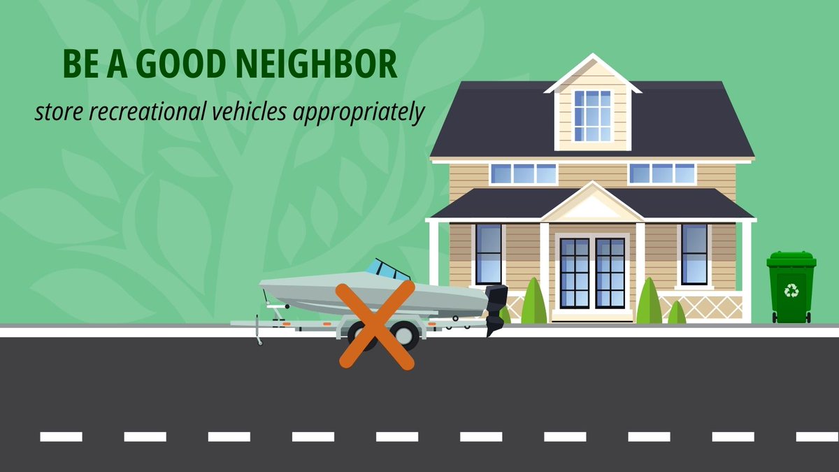 Trailers, recreational vehicles, campers, mobile homes, boats, ATV and other similar vehicles may not be parked 48 consecutive hours or more on any street or on any lot where visible at ground level from a street or adjacent property. Learn more at bit.ly/441llyQ.