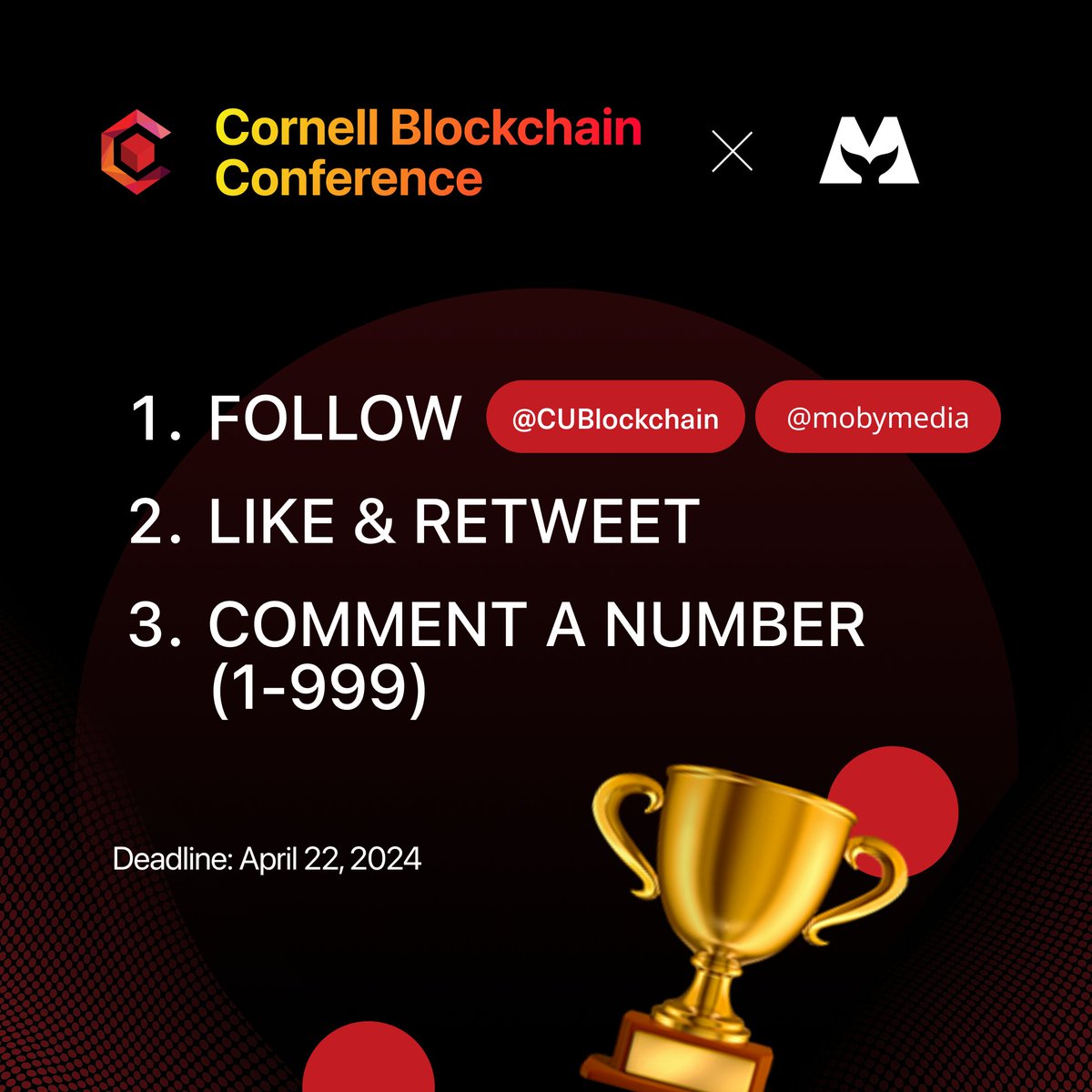 Giveaway rules⬇️
🔹2 winners will each win a ticket to Cornell Blockchain Conference (Apr 26 NYC). Purchased tickets will be reimbursed. 
🔹Winners must be able to attend. Prizes cannot be converted into cash. 
🔹Random winner will be announced on April 20 (24 hours to respond or