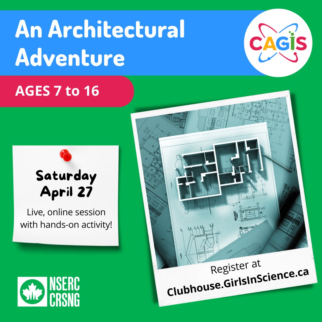 Have you ever wondered what's involved in designing buildings? That's the job of an Architect! 

In this session, we will use real architectural software to design buildings of our own, exploring principles of architecture along the way.

Register at Clubhouse.GirlsInScience.ca/CAGIS-Virtual