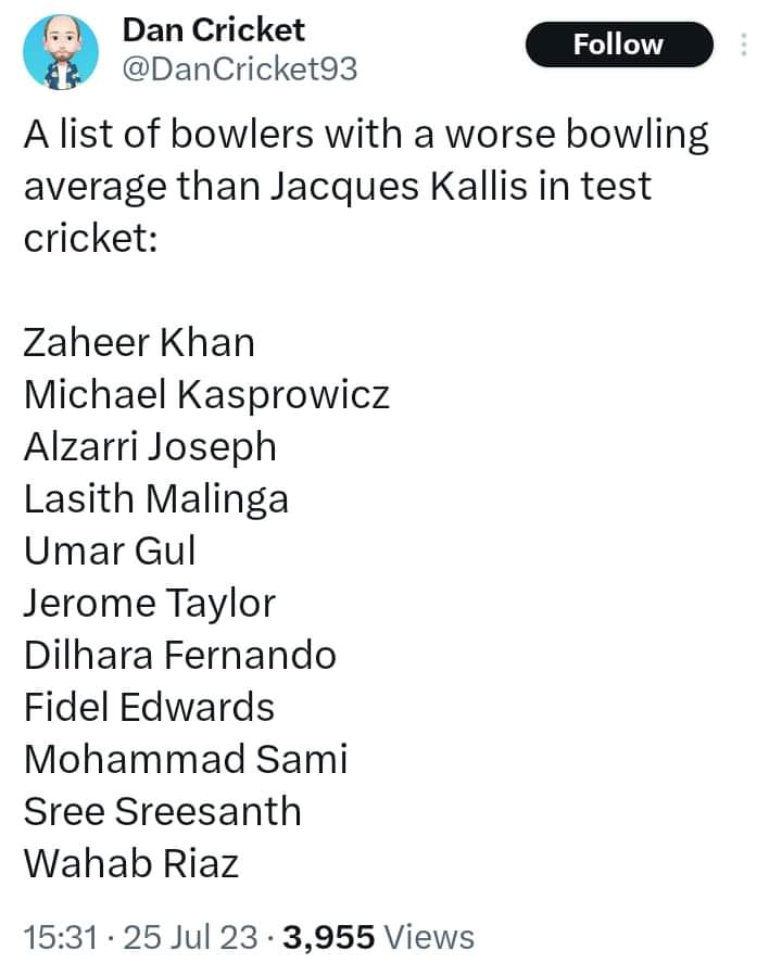 Zaheer Khan or Wahab k ilawa koi itni test cricket khela bh nh.

#Kallis #testcricket