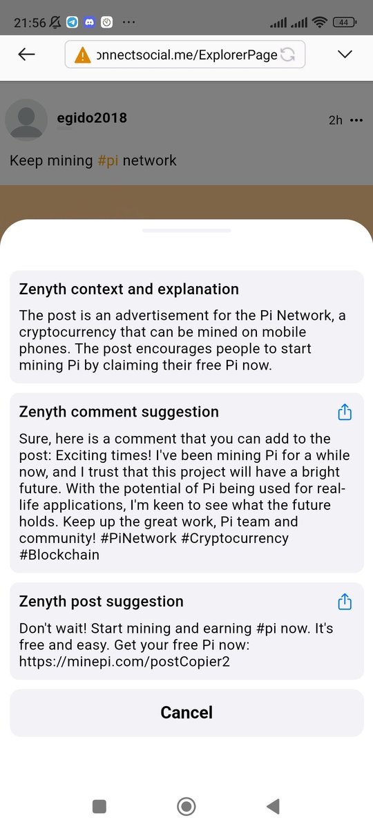 I'm so proud about Connect Social's @connect0fficial Zenyth. 🤖 AI assistant bot which provides more context about a post. It's really helpful. Here an example of this Pi post: ➡️ The post is an advertisement for the Pi Network, a cryptocurrency that can be mined on mobile