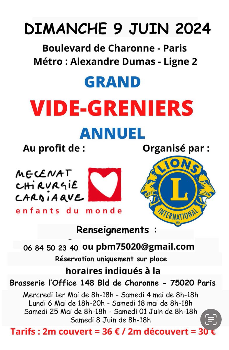Notre grand vide-greniers le dimanche 09 juin prochain, toute la journée ! Ouverture des inscriptions le 1er mai ! A très vite. #paris #paris20 #paris20eme #ParisXX #alexandredumas #brocante #brocantestyle #brocanteparis #videgrenier #videgrenieraddict #juin #LionsClub