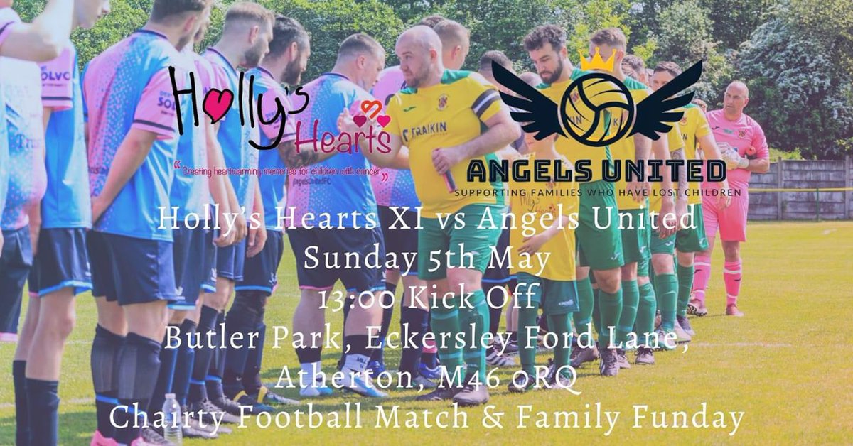 Two weeks today (Sunday 5th May) a Holly’s Hearts XI play @AngelsUnitedFC at Butler Park, Atherton Town FC. Please come along and show your support for both teams. As well as the football game there will also be a bouncy castle, ice cream van and a BBQ ⚽️🍦🍔☀️