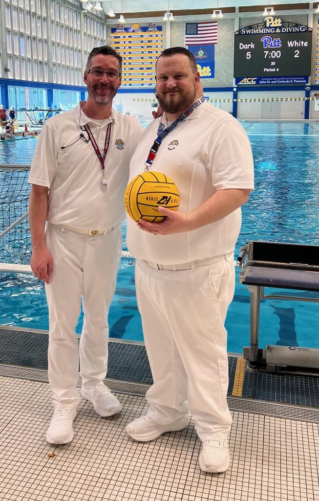OhioReferees's tweet photo. Greg and Eli at Pitt for Mid-Atlantic Championship games for CWPA. They've been quite busy whistling together a couple of times this spring! @OhioWaterPolo https://t.co/OTCxxjVk1q