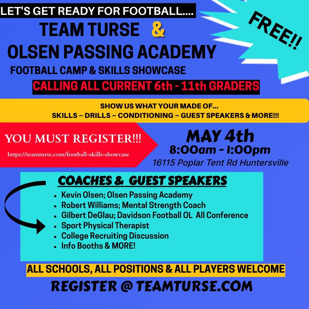 Team Turse Youth Athletics (@teamturse) on Twitter photo Charlotte area Football Players!!
Great news…. You can attend our upcoming camp, co-hosted by the QB Guru himself, <a href="/KOlsen19/">Coach Kevin Olsen</a> for FREE!!
See the flyer attached for all of the info and register today!
#Football #JuniorHighFootball #HighSchoolFootball
#FootballCamp Charlotte area Football Players!!
Great news…. You can attend our upcoming camp, co-hosted by the QB Guru himself, <a href="/KOlsen19/">Coach Kevin Olsen</a> for FREE!!
See the flyer attached for all of the info and register today!
#Football #JuniorHighFootball #HighSchoolFootball
#FootballCamp