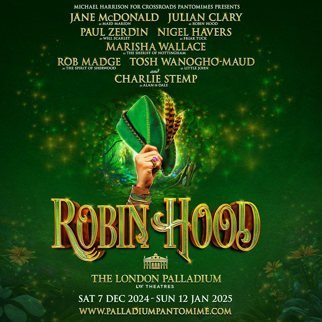 #RobinHood Panto to star <a href="/TheJaneMcDonald/">Jane McDonald</a> and <a href="/JulianClary/">Julian Clary</a> opening <a href="/LondonPalladium/">The London Palladium</a> from December 7 thru January 12. McDonald plays Maid Marian with Clary playing the title role. <a href="/MHARRISON_ENT/">Michael Harrison</a> directs.