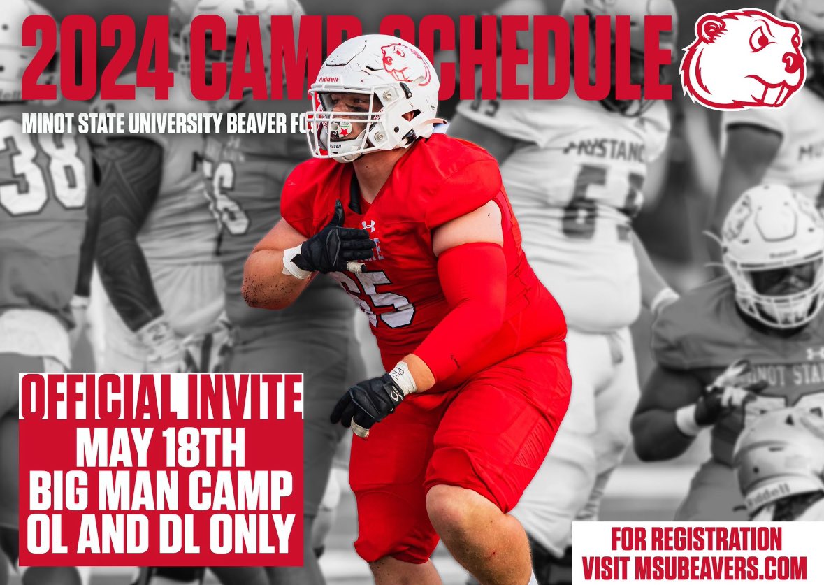 Thank you <a href="/BraedenVolk/">Braeden Volk</a> and the <a href="/MSUBeaversFB/">Minot State Football</a> for the invite to the upcoming Big Man Camp in May!