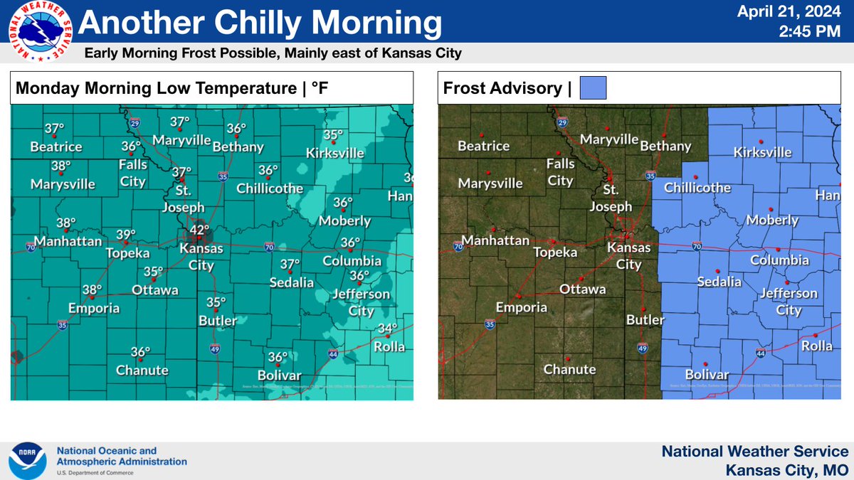 Chilly morning ahead, especially east of KC. Frost advisory issued. PM temps will warm into upper 60s to mid-70s. Showers and non-severe storms possible Monday PM into Tuesday. Strong to severe storms possible Friday.