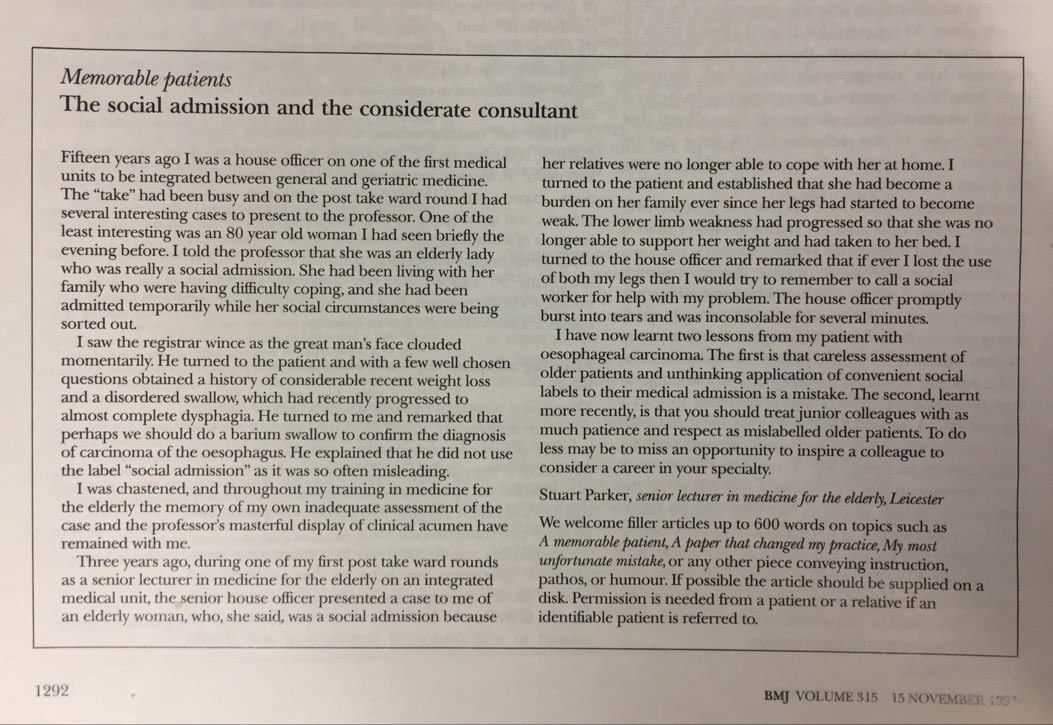 In sharing @doctor_dru_’s tweet earlier, I also looked back on this <a href="/bmj_latest/">The BMJ</a> “Memorable Patients” feature which was published just after I became a consultant.

<a href="/StuartParkerNCL/">Stuart Parker</a> has sadly died now, but I love his story of how a “teaching moment” can either dismiss or inspire.