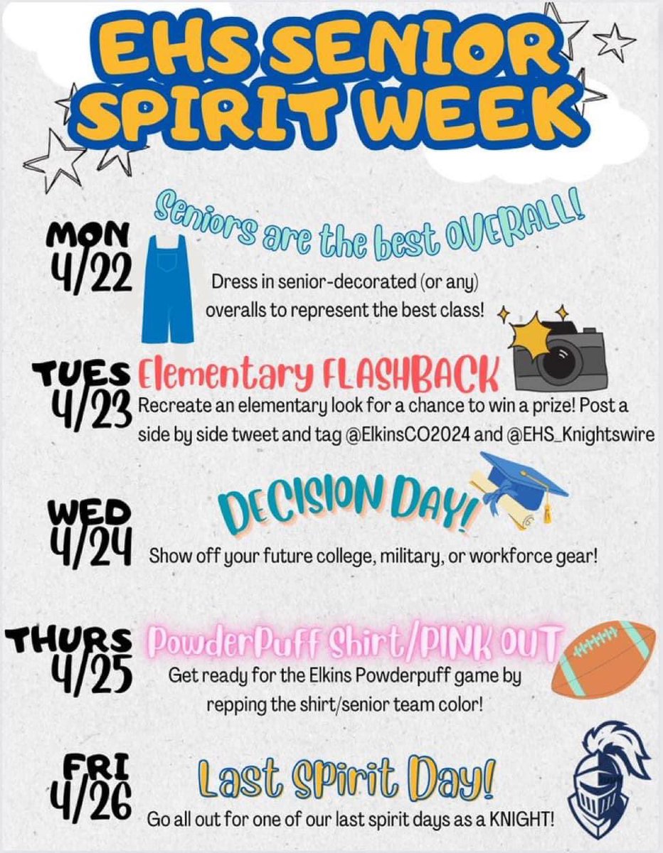 It’s Senior Week at the Castle! Can’t wait to see the Senior Spirit!! Show up, and show out, Seniors!! 💙🏰💛 #KnightLife